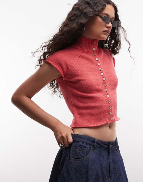 Reclaimed Vintage - Top rosa frambuesa sin mangas con cuello alto y botones de punto compacto - view 1