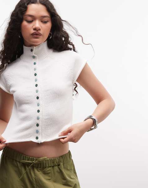 Reclaimed Vintage - Top senza maniche accollato in maglia compatta bianca con bottoni - view 1