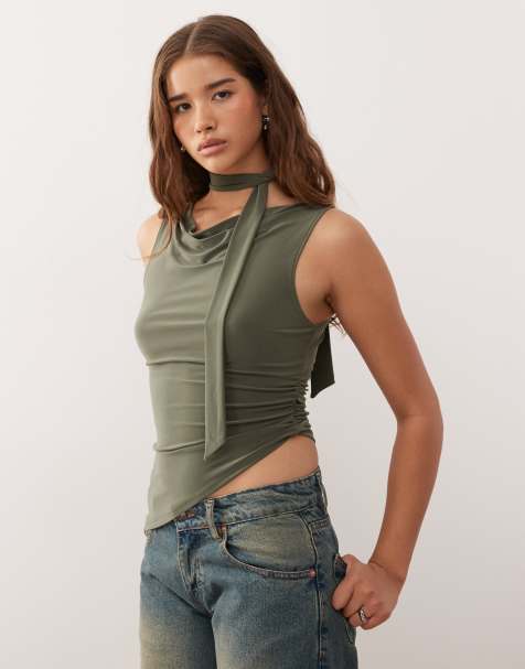 Reclaimed Vintage - Top senza maniche asimmetrico arricciato sul lato kaki con sciarpa - view 1