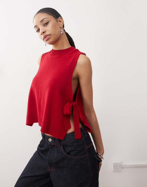 Reclaimed Vintage - Top senza maniche in maglia a strati rosso ciliegia con laccetti laterali - view 1