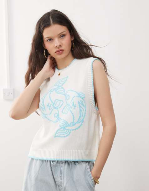 Reclaimed Vintage - Top senza maniche in maglia color bianco e blu acqua con stampa di pesce - view 1