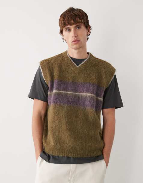 Reclaimed Vintage - Top senza maniche squadrato in maglia verde con pannello a righe sul petto e scollo a V - view 1