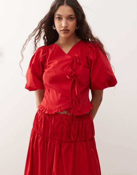 Reclaimed Vintage - Top stile cowgirl western rosso con maniche a sbuffo e laccio sul davanti in coordinato - view 1