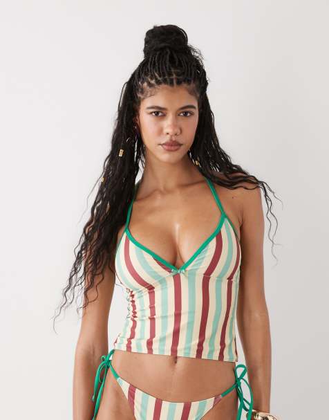 Reclaimed Vintage - Top tankini verde e giallo a righe rétro con scollo a V - view 1