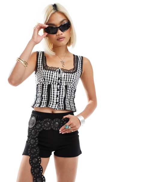 Reclaimed Vintage - Top tendance folk style western en broderie anglaise avec ruban - Vichy - view 1
