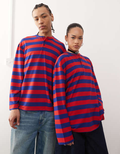 Reclaimed Vintage - Top unisex a maniche lunghe a righe arancioni e blu navy con collo serafino - view 1