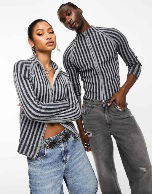 Reclaimed Vintage - Top unisex in maglia blu a pieghe a coste