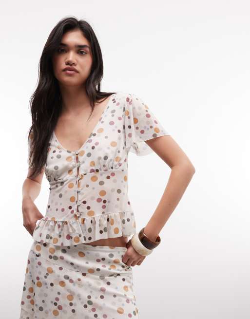 Reclaimed Vintage top van co-ord set met ruches en gemengde polkadotprint