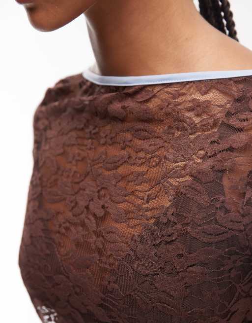 Reclaimed Vintage - Top van kant met lange mouwen in chocoladebruin , 3 van 4