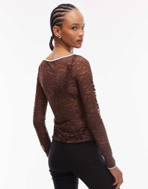 Reclaimed Vintage - Top van kant met lange mouwen in chocoladebruin , 4 van 4