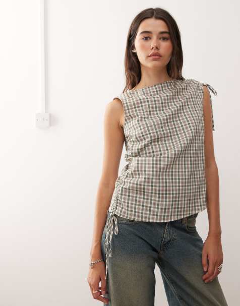 Reclaimed Vintage top with adjustable gathers on shoulder and side seam in green check
