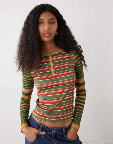 Reclaimed Vintage – Top w zielone paski z dekoltem typu henley i długimi rękawami - view 1