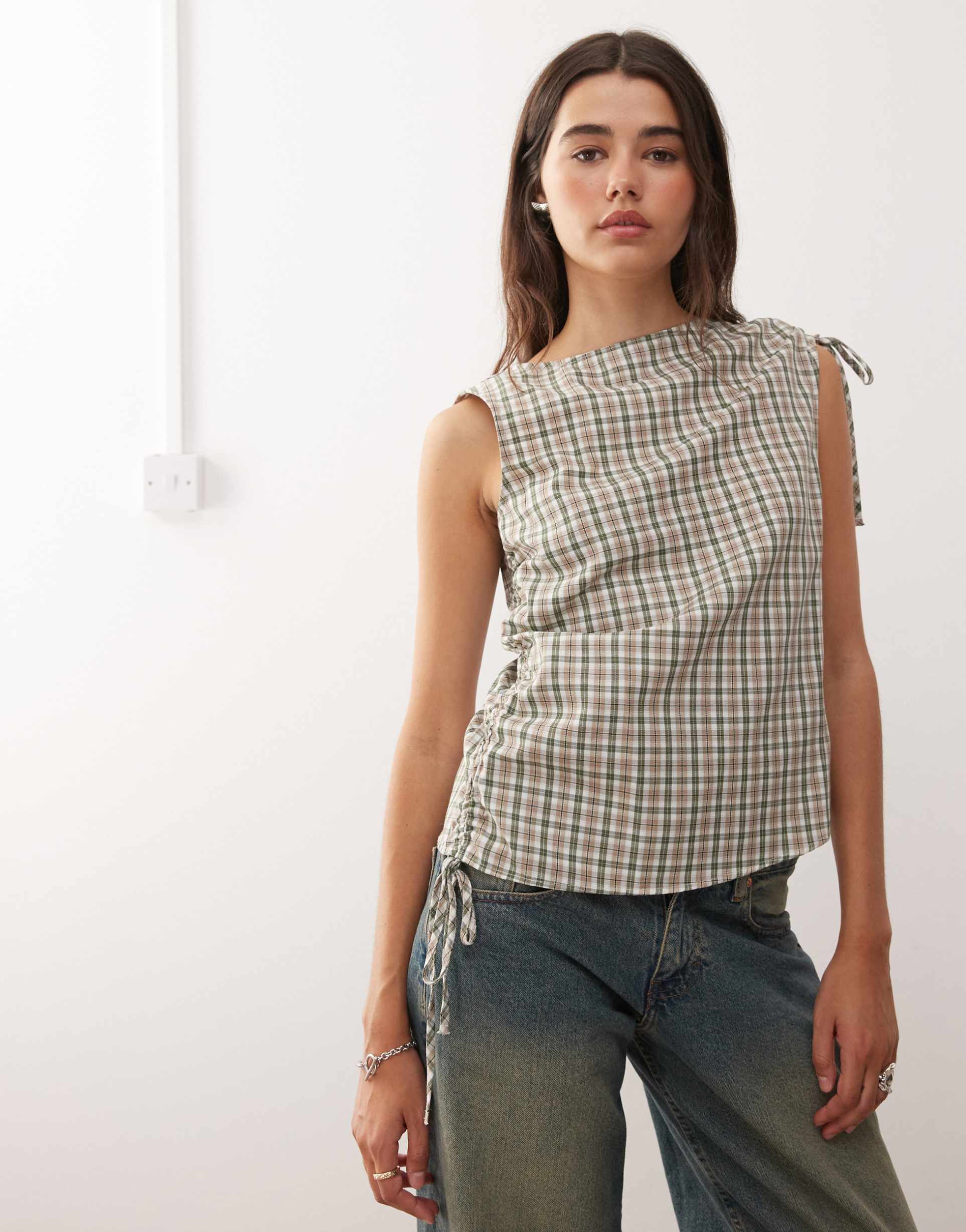 reclaimed vintage top with adjustable gathers on shoulder and side seam in green plaid