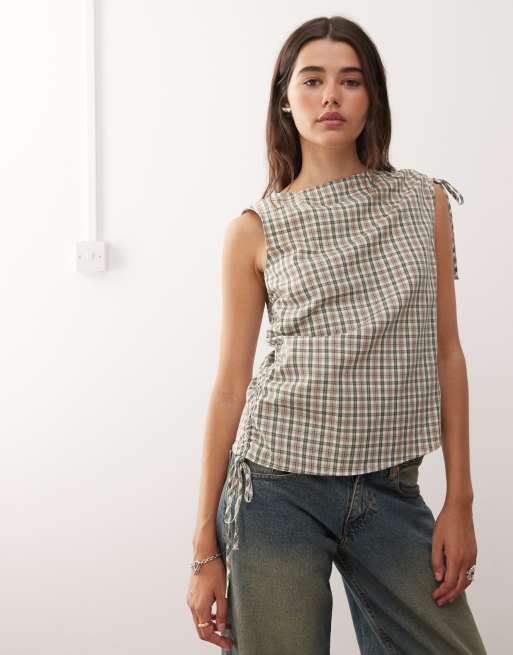 Reclaimed Vintage top with adjustable gathers on shoulder and side seam in green plaid