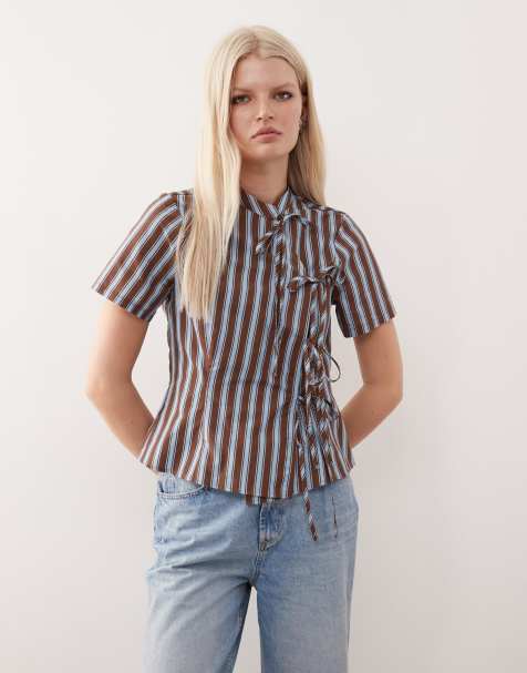 Reclaimed Vintage top with asymmetric tie detail in blue and brown stripe - view 1