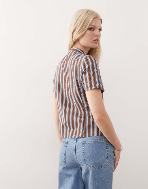 Reclaimed Vintage top with asymmetric tie detail in blue and brown stripe
