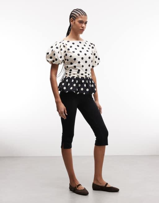 Reclaimed Vintage top with puff sleeve in black and white polka dot, 2 of 4
