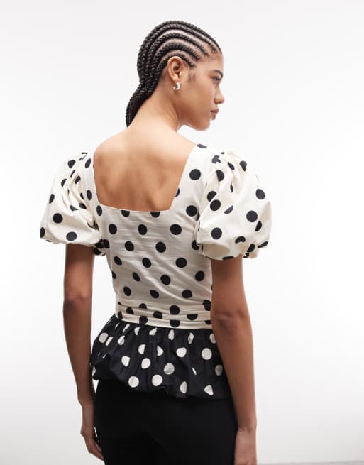 Reclaimed Vintage top with puff sleeve in black and white polka dot, 3 of 4