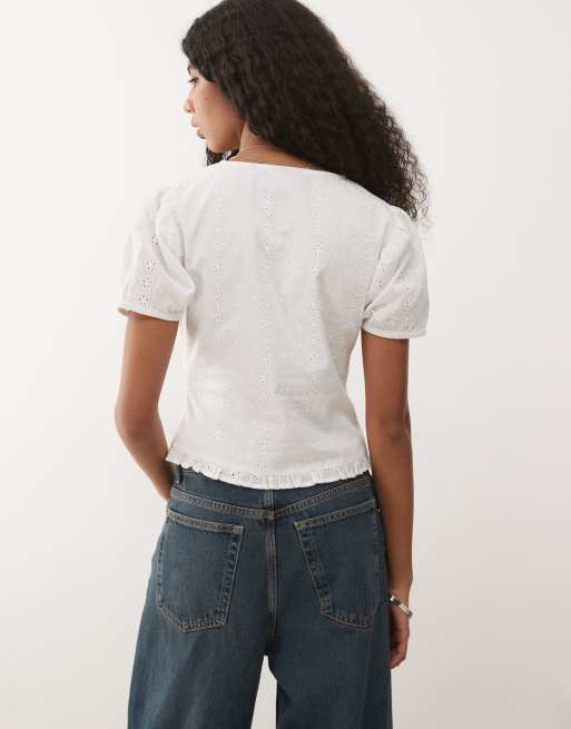 Reclaimed Vintage top with puff sleeves and split front in white eyelet, 4 of 4