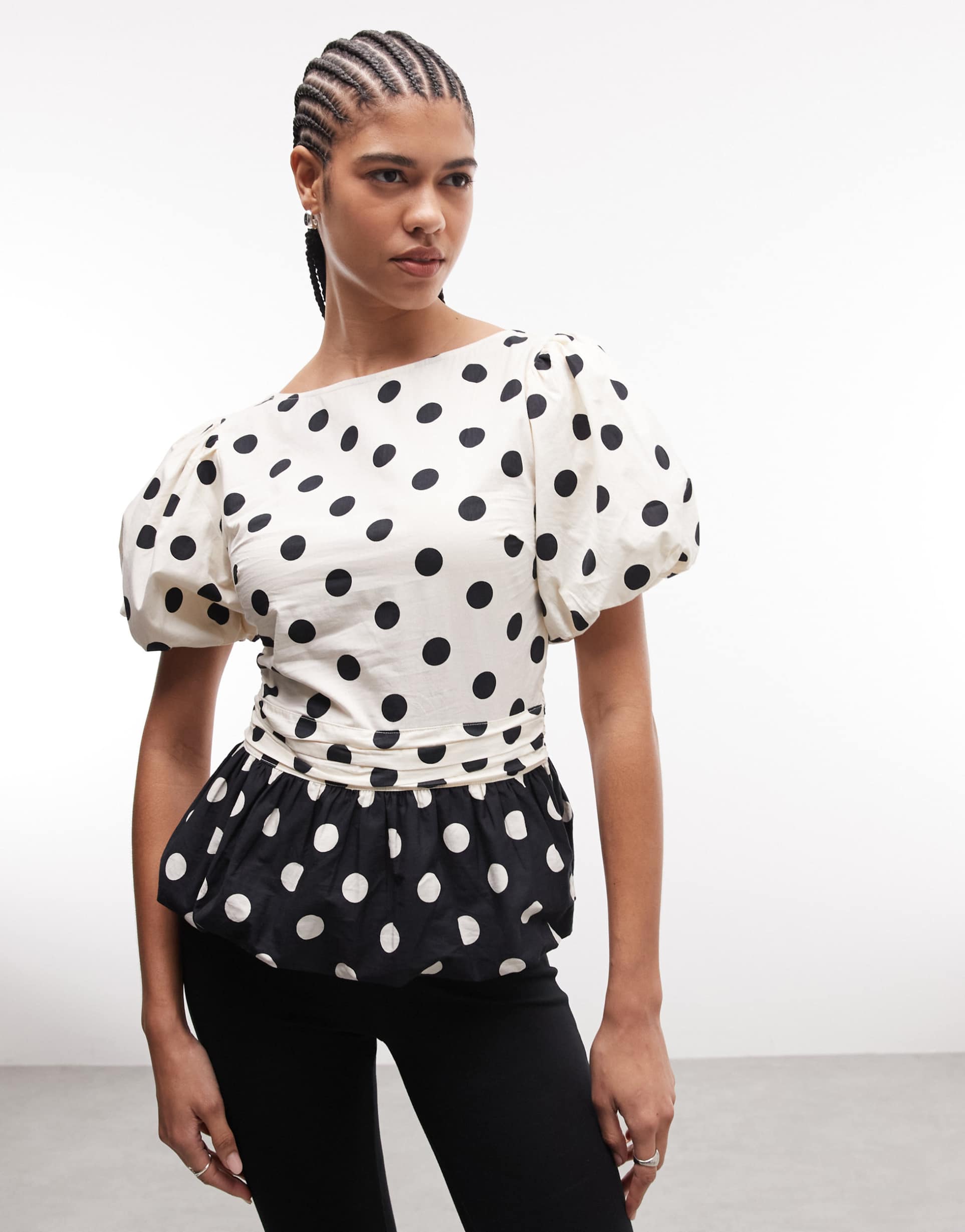 reclaimed vintage top with puff sleeves in black and white polka dot