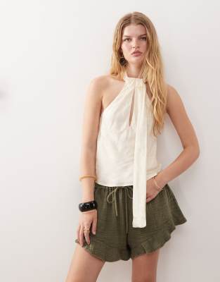 top with scarf detail in cream satin jacquard-Multi