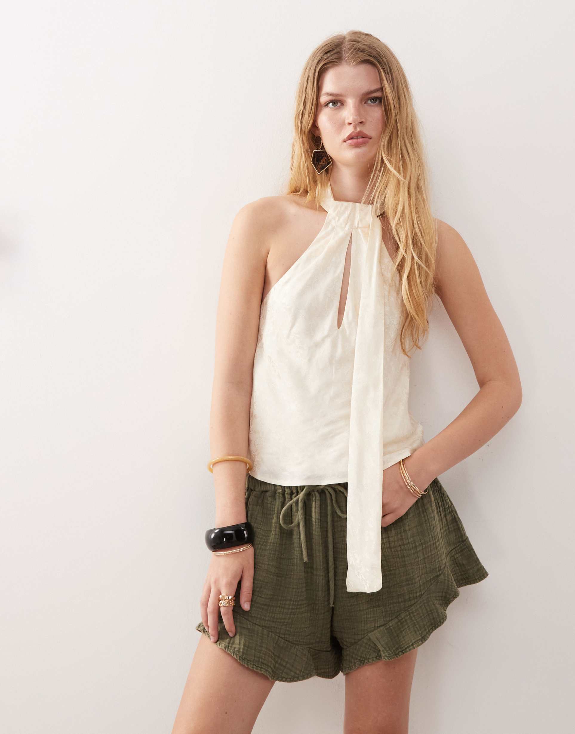 reclaimed vintage top with scarf detail in cream satin jacquard