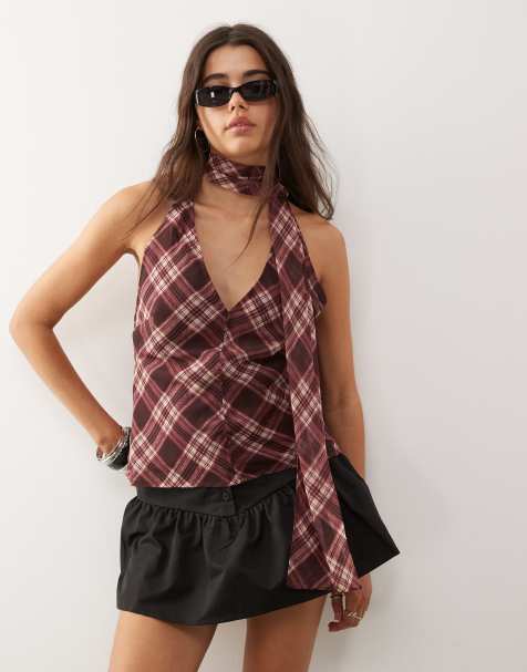 Reclaimed Vintage top with scarf in spliced burgundy check print - view 1