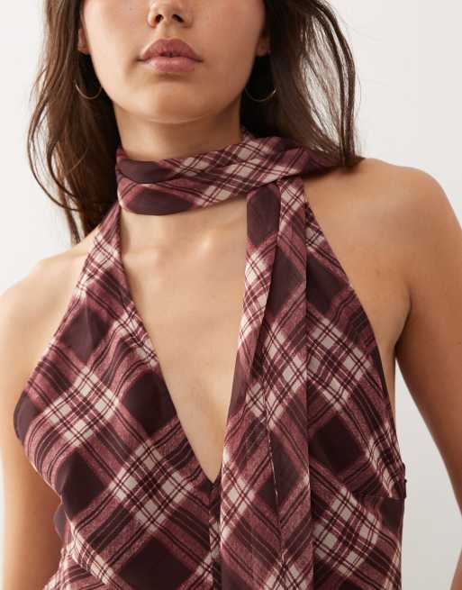 Reclaimed Vintage top with scarf in spliced burgundy check print, 2 of 4