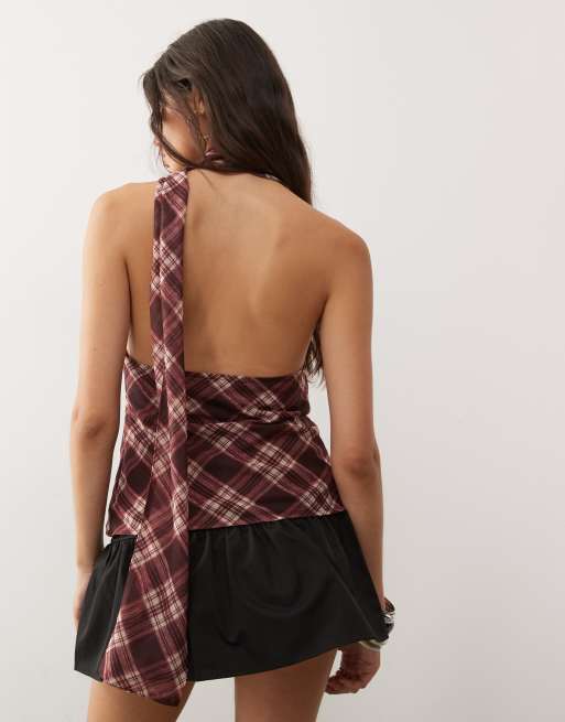 Reclaimed Vintage top with scarf in spliced burgundy check print, 3 of 4