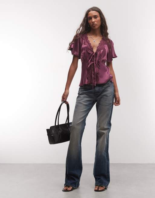 Reclaimed Vintage Top zum Binden vorne mit Spitzenbesatz in Pflaume, 2 von 4