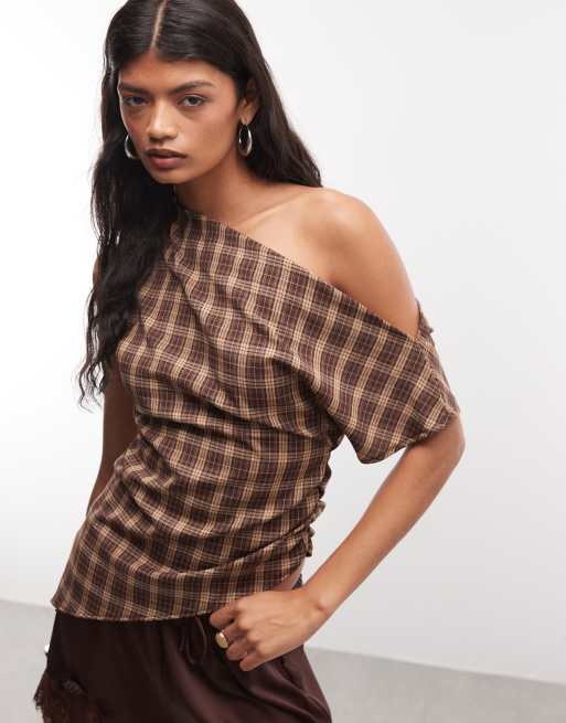 Reclaimed Vintage topp med bara axlar i brun ruta, 1 av 4