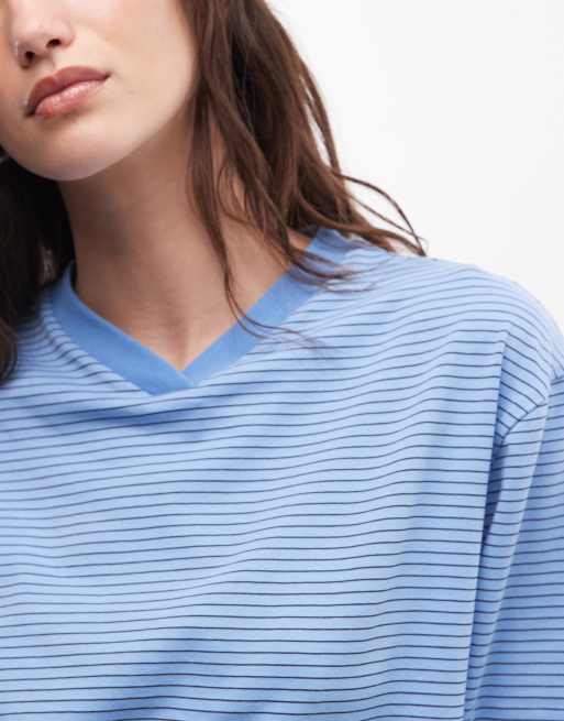 Reclaimed Vintage topp med hög v-ringning och ärm i blå rand, 4 av 4