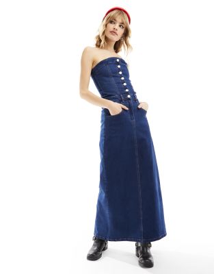 Reclaimed Vintage - Trägerloses Maxi-Jeanskleid in blauer Waschung