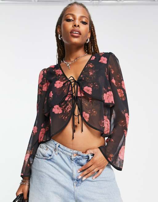 Reclaimed Vintage – Transparente Bluse mit rosa und braunem Blumenmuster