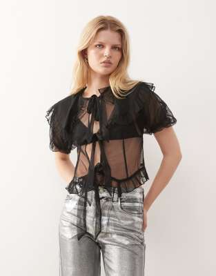 Reclaimed Vintage - Transparentes Freizeitoberteil aus Tüll in Schwarz mit Puffärmeln und Kragen