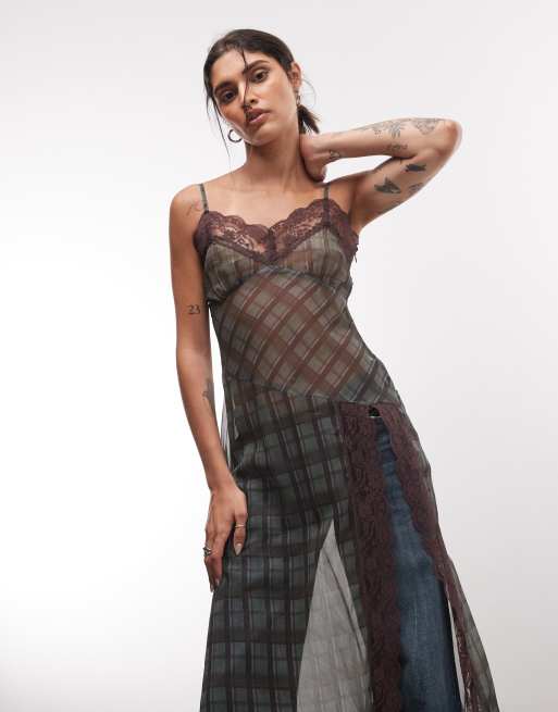 Reclaimed Vintage transparentes Maxitop aus Chiffon mit Karomuster und Spitze, 2 von 4