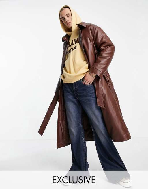 Reclaimed Vintage - Trenchcoat met leerlook in bruin