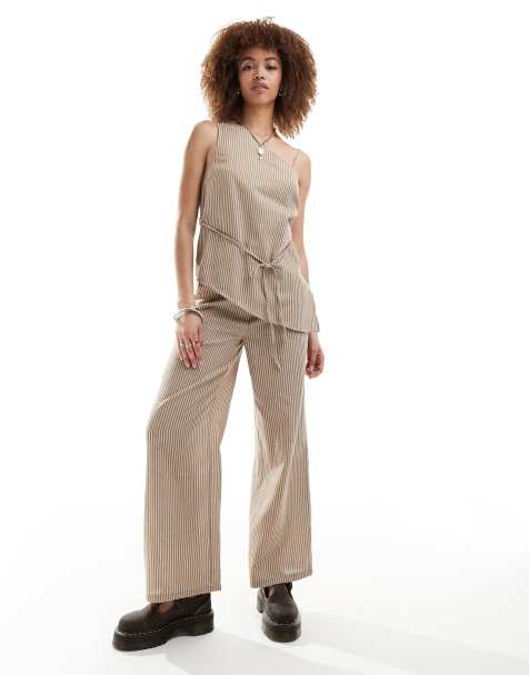 Reclaimed Vintage tunic top with cross over ties in linen look beige pinstripe - part of a set - view 1