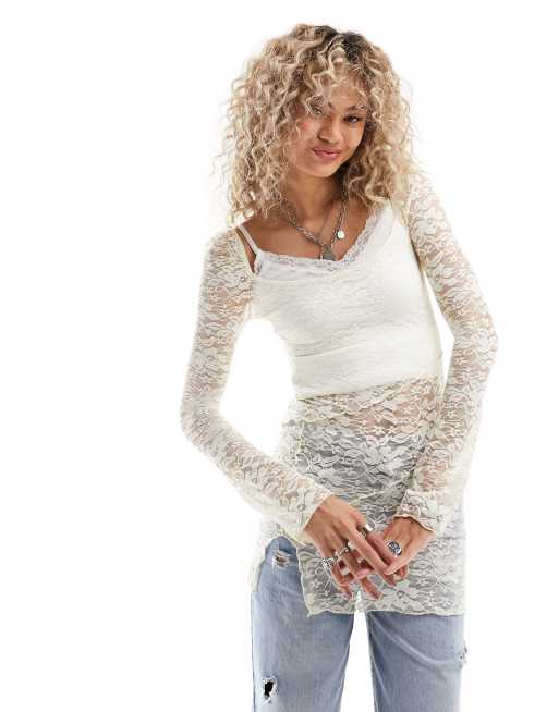 Reclaimed Vintage - Tunique en dentelle à manches longues - Blanc