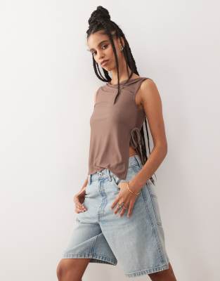 twist detail off the shoulder jersey top with tie sides in mocha brown