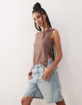 [Reclaimed Vintage] Reclaimed Vintage twist detail off-the-shoulder jersey top with tie sides in mocha brown S Brown