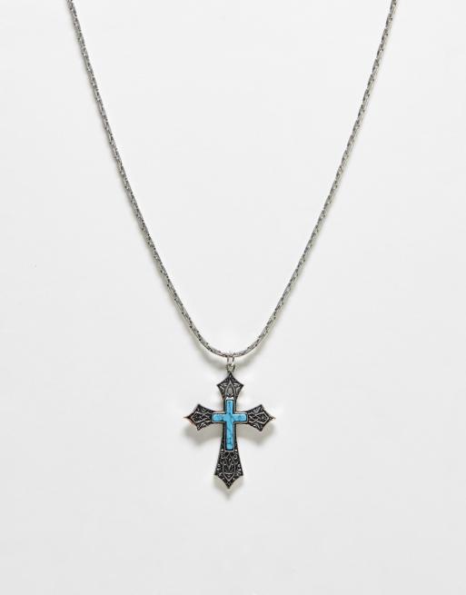 Reclaimed Vintage - Ultimate - Collier à croix unisexe - Argenté et bleu