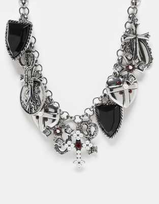 Reclaimed Vintage - Ultimate - Unisex-Halskette in brünierter Silberoptik mit Anhängern