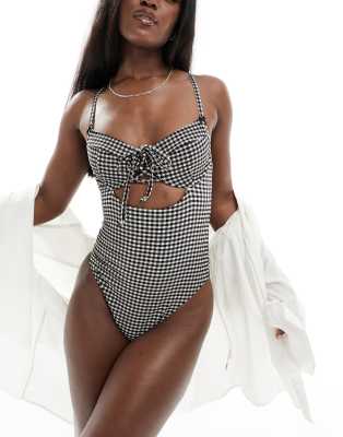 underwire swimsuit in black gingham with bows-Multi