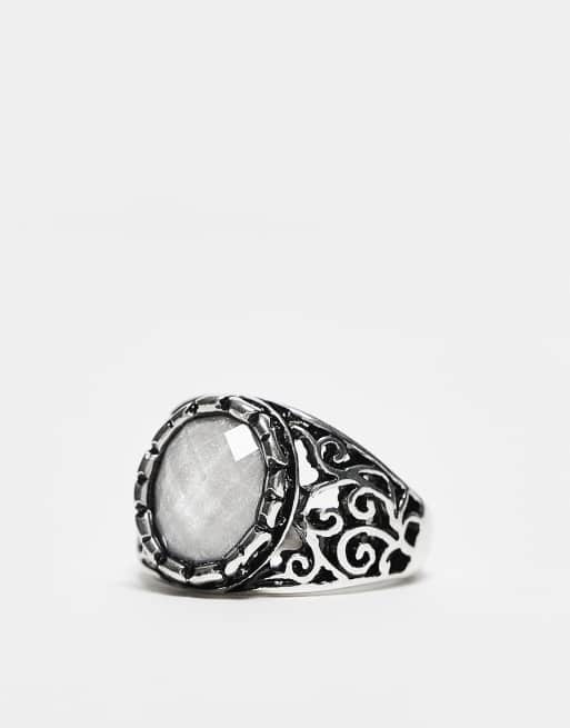 Reclaimed Vintage - Uniseks antieke ring met imitatie-maansteen in zilver