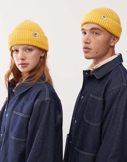 Reclaimed Vintage - Uniseks beanie met logo en wafelstructuur in mosterdgeel, 4 van 4