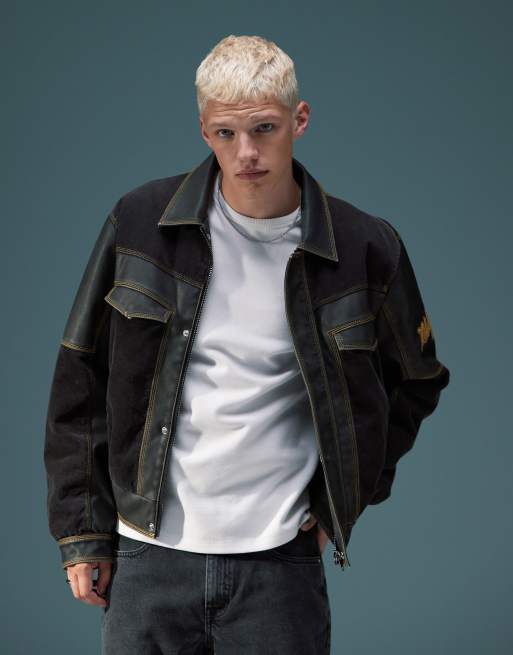Reclaimed Vintage - Uniseks bomberjack met leer-look en corduroy en merknaam