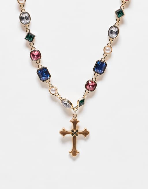 Reclaimed Vintage - Uniseks choker ketting met siersteentjes en kruishanger in goud