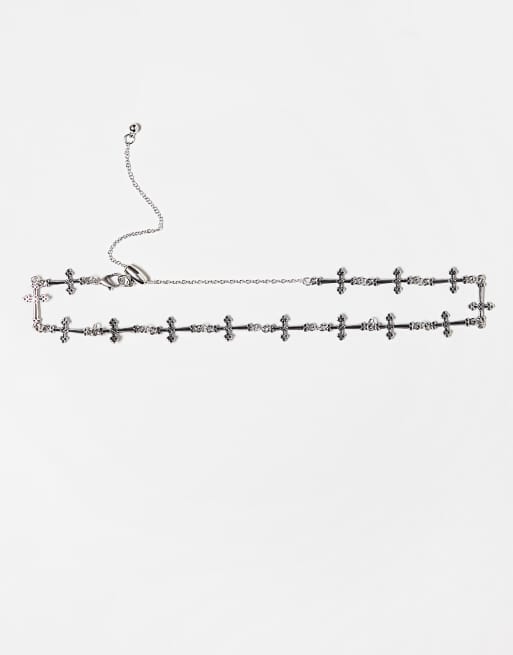 Reclaimed Vintage - Uniseks choker met delicate kruisjes in zilver