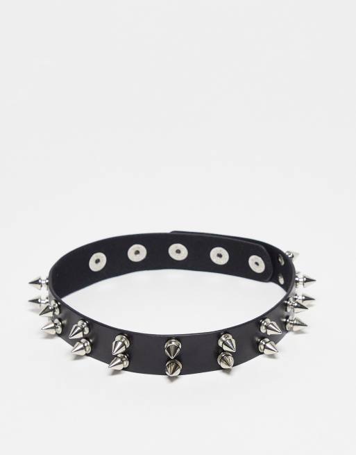 Reclaimed Vintage - Uniseks choker van imitatieleer met dubbele rij spikes in zwart 
